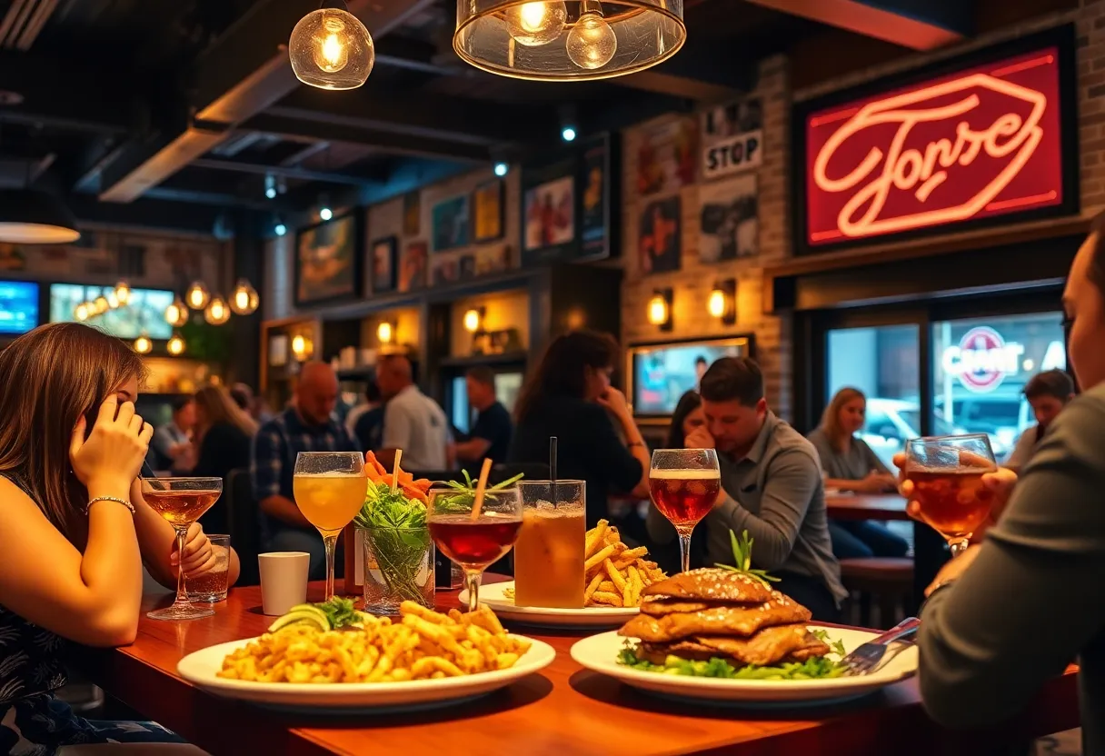 Customers dining at Taffer’s Tavern in Orlando, showcasing the tavern's ambiance and menu.