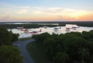 Colorful seaplanes at Tavares Seaplane Base during sunset