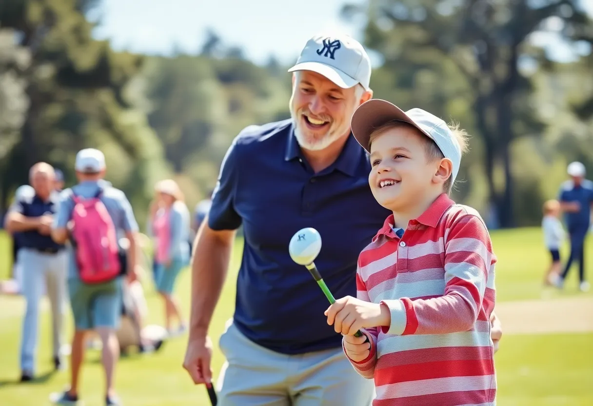 Tiger Woods celebrating with his son at the golf course
