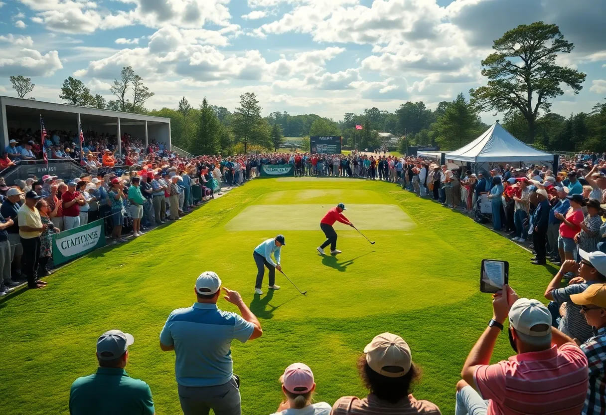 Golf tournament scene with players and cheering crowds