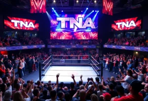 Fans enjoying TNA Wrestling events with a wrestling ring in view.