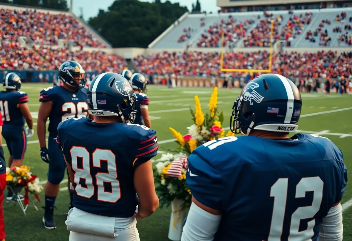 Players paying tribute to Coach Shawn Clark on the football field