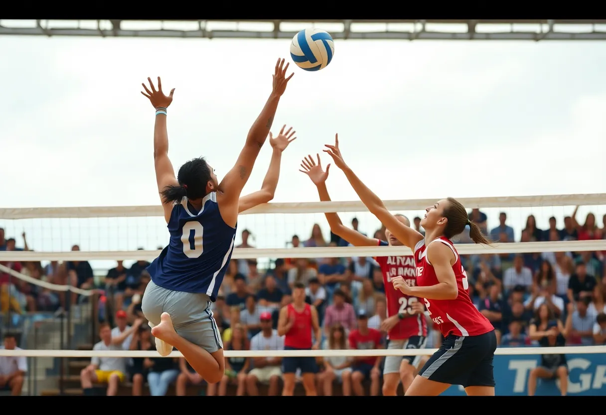 Action shot of a UCF volleyball match with players in motion