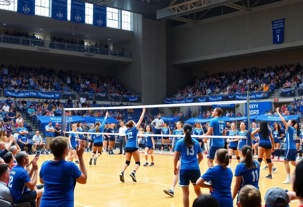 A volleyball match featuring UCF and TCU teams, with energetic fans in the stands.