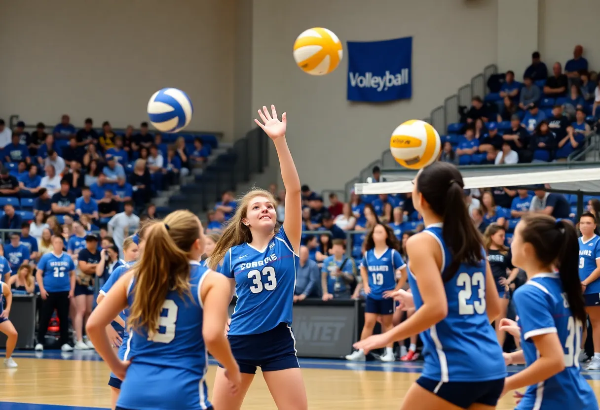 UCF volleyball team competing against TCU with fans cheering.