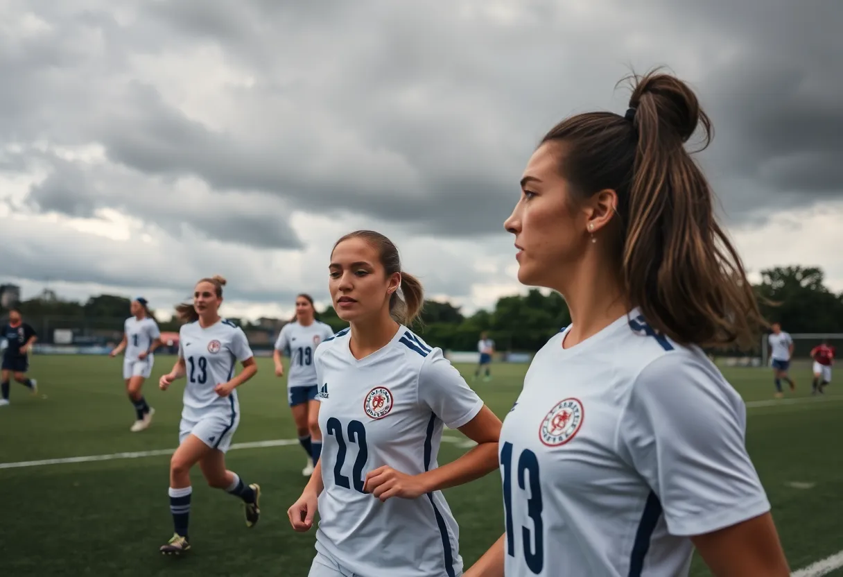 A women's soccer match between UCF and Kansas State, showcasing players competing on the field.