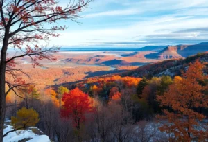 Scenic view of unique travel destinations with fall foliage and winter landscapes.