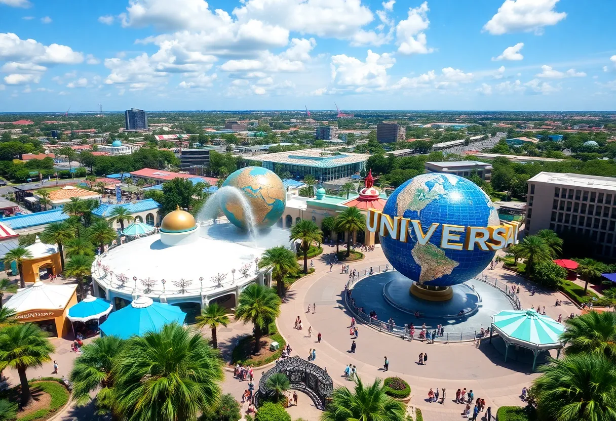 Aerial view of guests enjoying attractions at Universal Orlando.