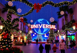 Festive decorations at Universal Orlando Resort during the holidays