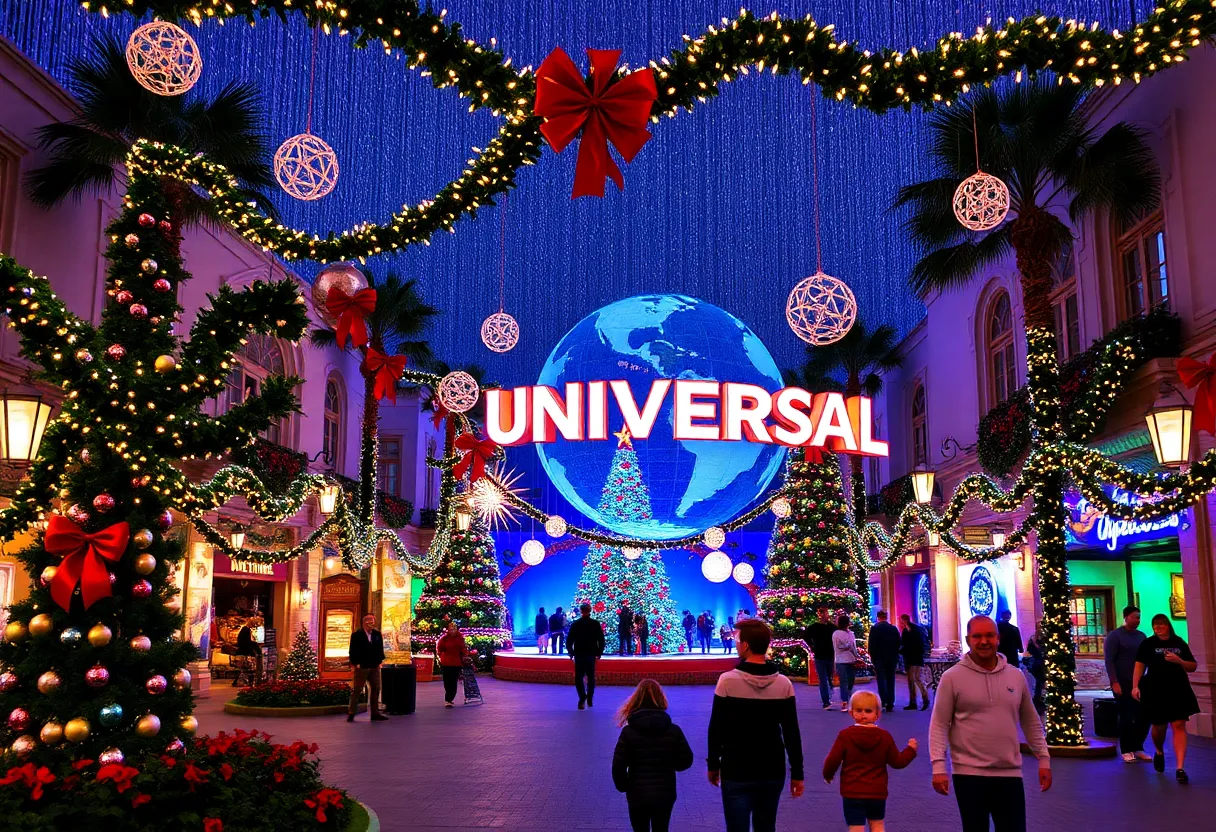 Festive decorations at Universal Orlando Resort during the holidays