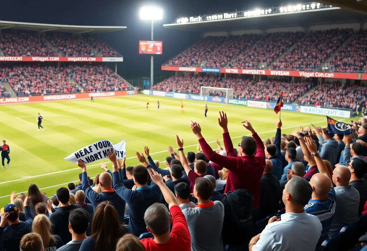 Fans cheering at a soccer match