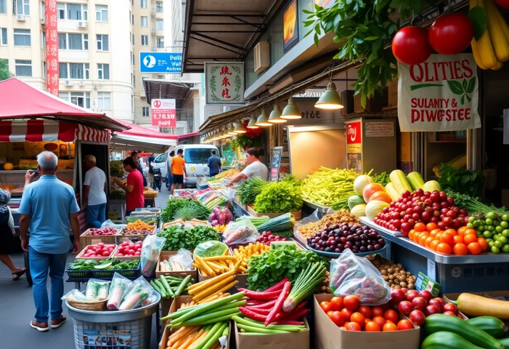 A bustling urban food market with various food options and food trucks