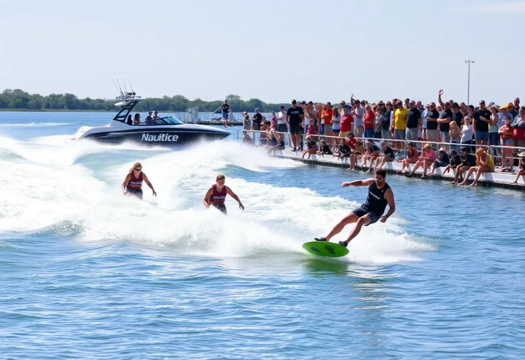 Participants showcasing wakeboarding skills at a lively event