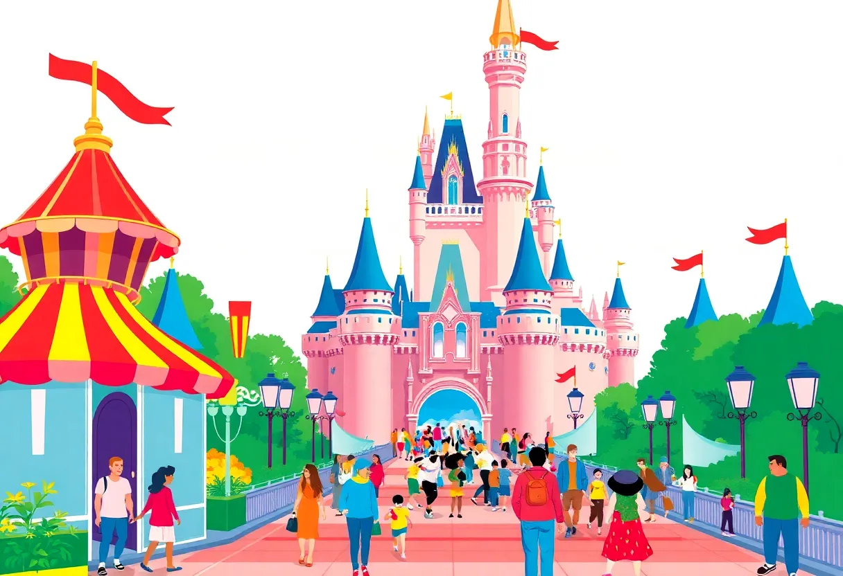Disney theme park filled with visitors enjoying attractions.