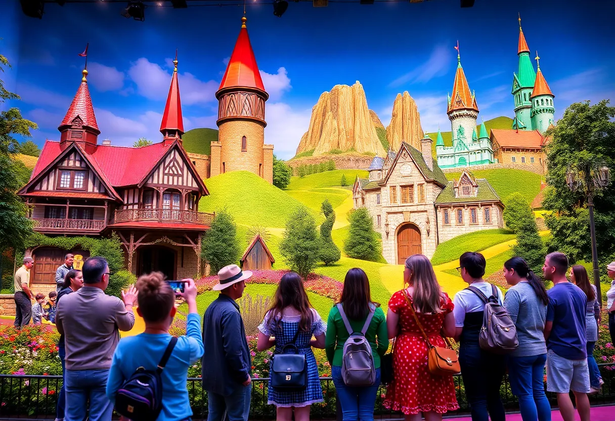 Guests enjoying the new Wicked Experience at Universal Orlando with the Emerald City backdrop.