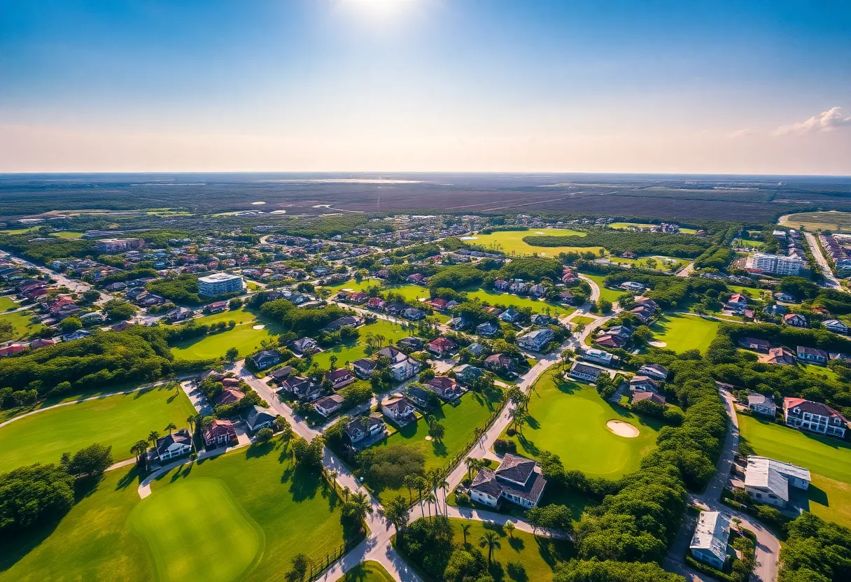 Aerial view of Wildwood, Florida with golf courses and community areas