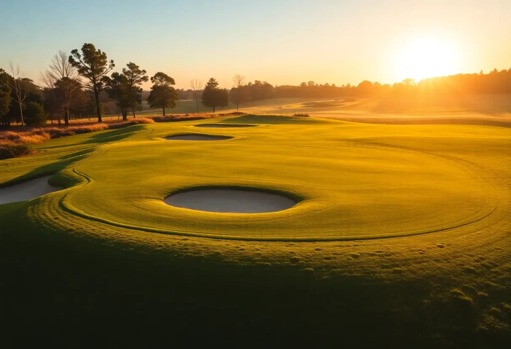 Close up of a beautiful golf course with green lawns and sand traps