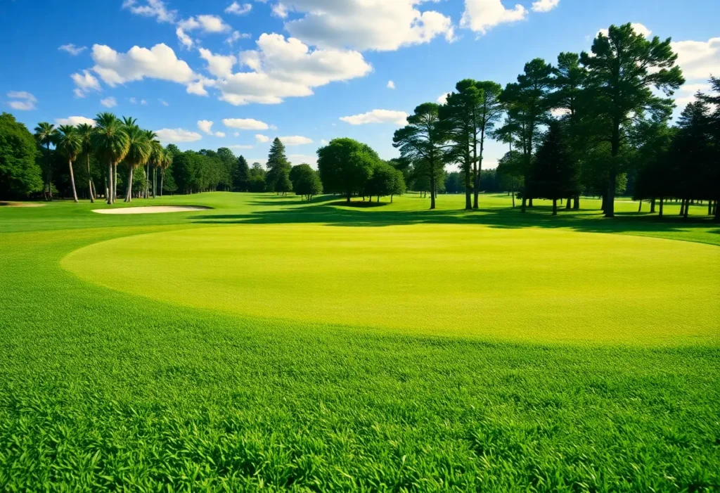 Close up of a beautiful golf course with lush greenery and blue skies