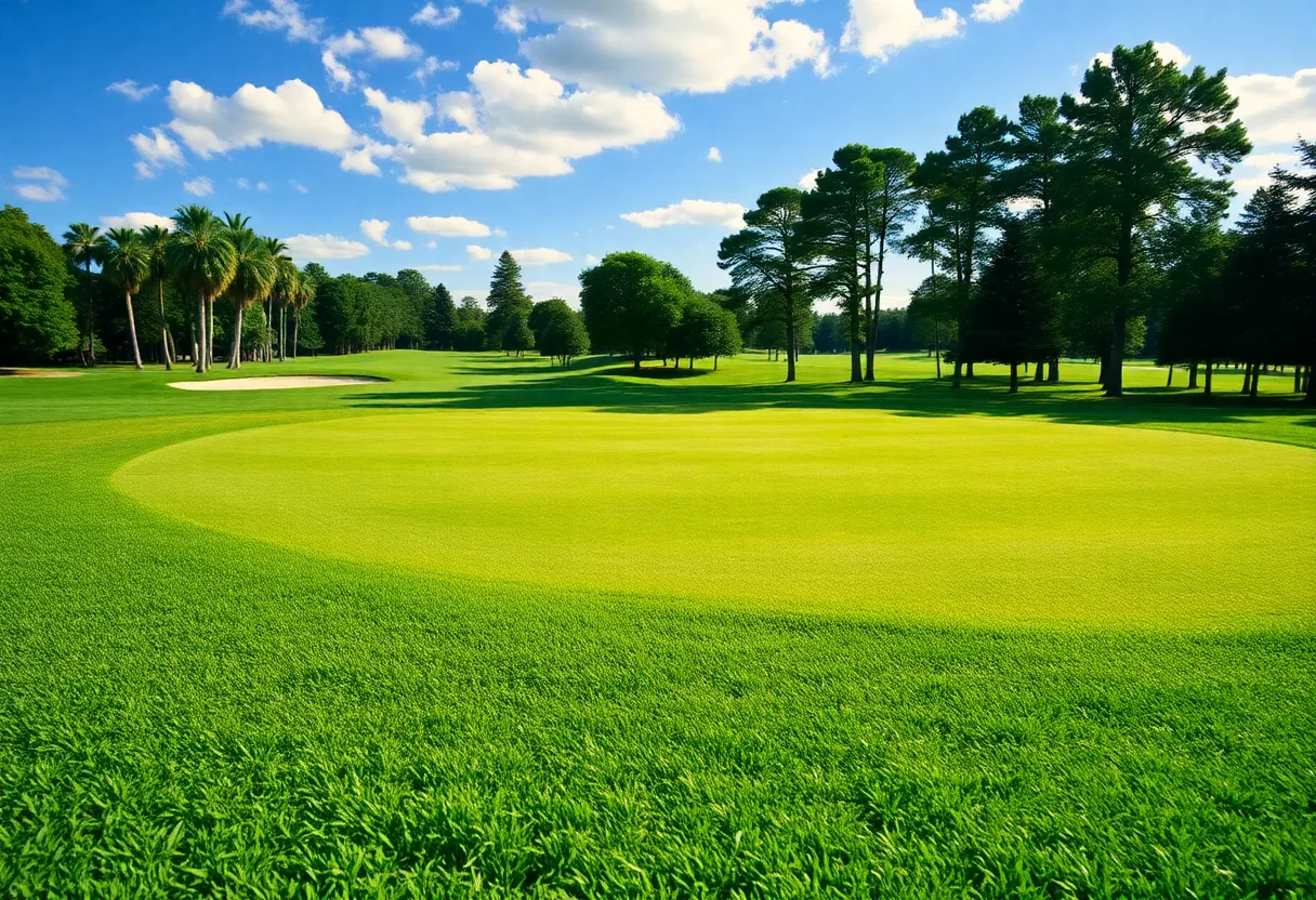 Close up of a beautiful golf course with lush greenery and blue skies