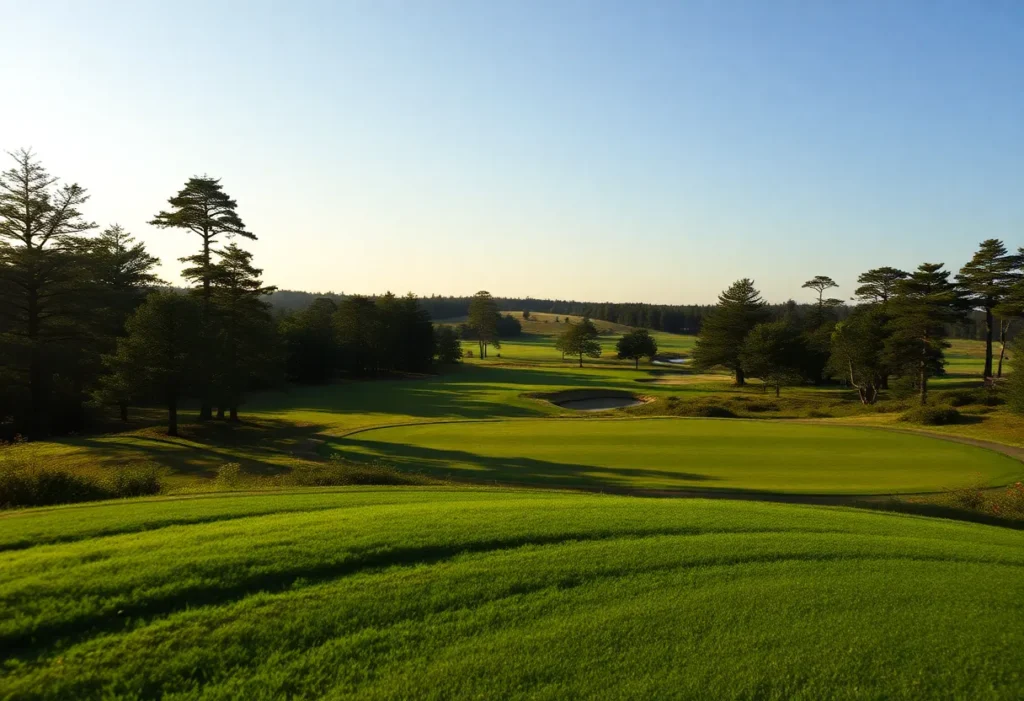 Close up of a beautiful golf course with vibrant greens.