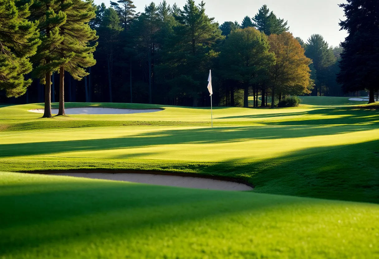 Close-up view of a beautiful golf course with vibrant green grass and scenic surroundings.