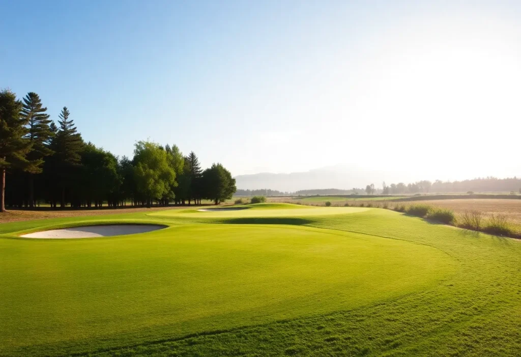 Close-up of a beautiful golf course with vibrant green fairways and scenic water features