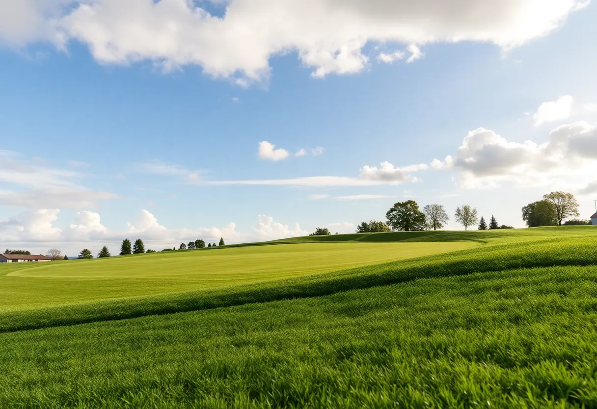 Close up of a beautiful golf course with greenery and clear skies