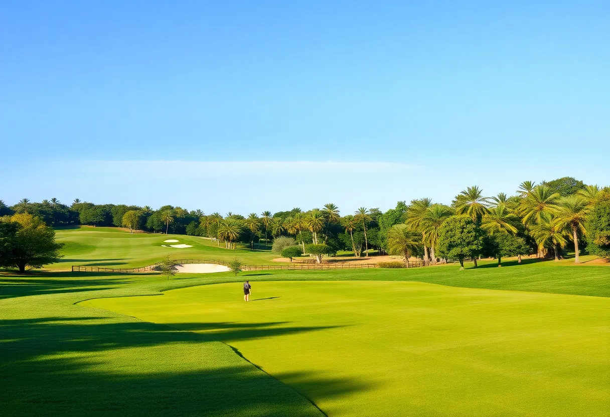 Close up of a beautiful golf course featuring vibrant trees and manicured lawns.