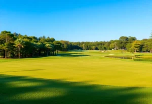 Close up of a beautiful golf course with lush green grass and scenic views.