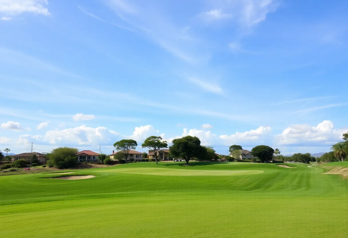 Close-up of a beautiful golf course with lush grass and clear skies.